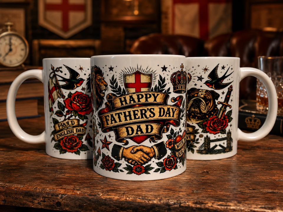 Happy Fathers Day Dad Mug - English Patriotic Tattoo Style