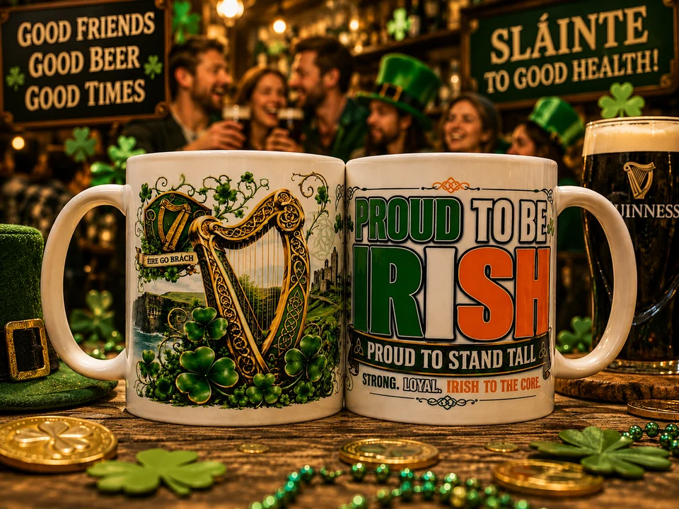 Proud To Be Irish Mug - Ireland Flag Harp Shamrock St Patrick’s Day Gift